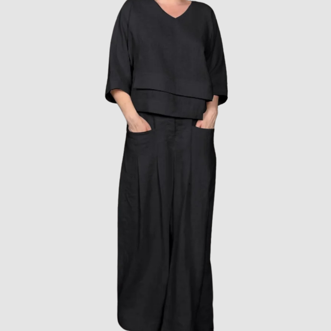 Vina | Women's Relaxed Two-Piece Set, Asymmetrical Top and Wide-Leg Pants Outfit