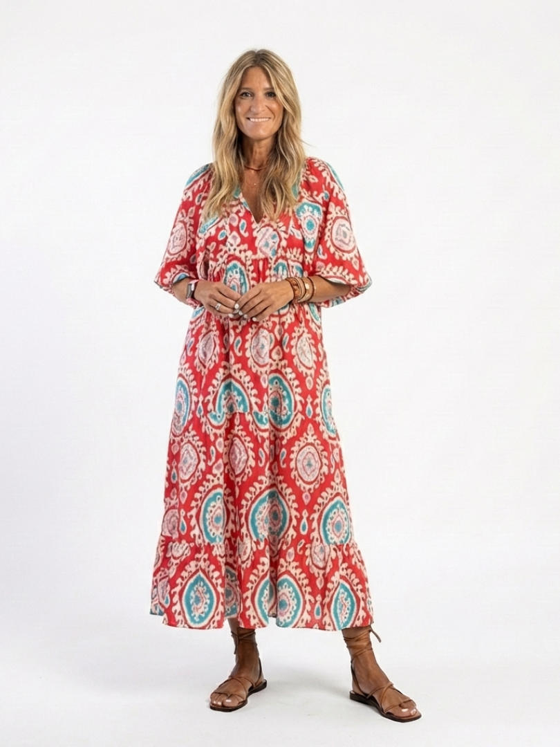 Zaria | Women's Paisley Print Midi Dress, V-Neck Short Sleeve Casual Dress