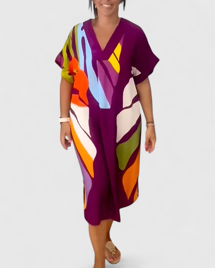 Cymarie | Women's Leaf Print Midi Dress, Loose Fit Breathable Summer Dress