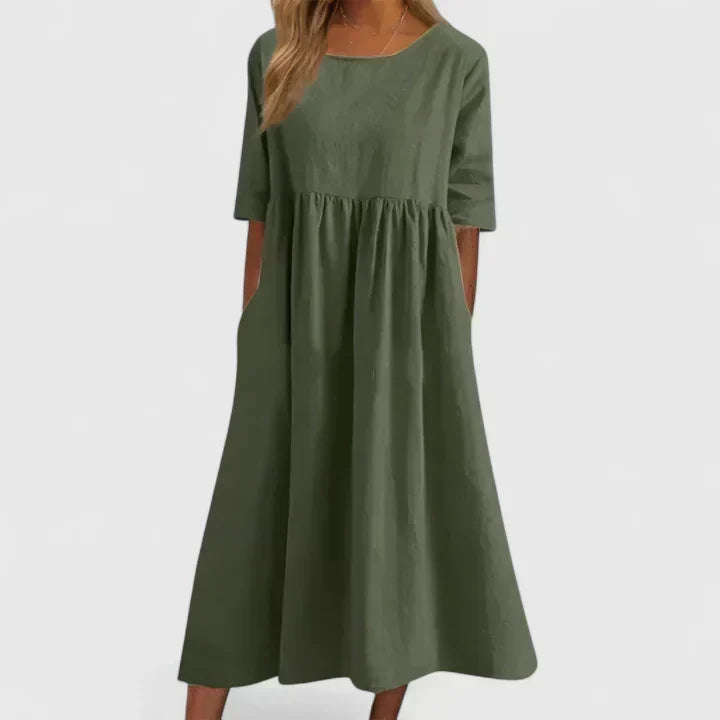 Thalyvia | Women's A-Line Midi Dress, Relaxed Fit Everyday Dress with Pockets