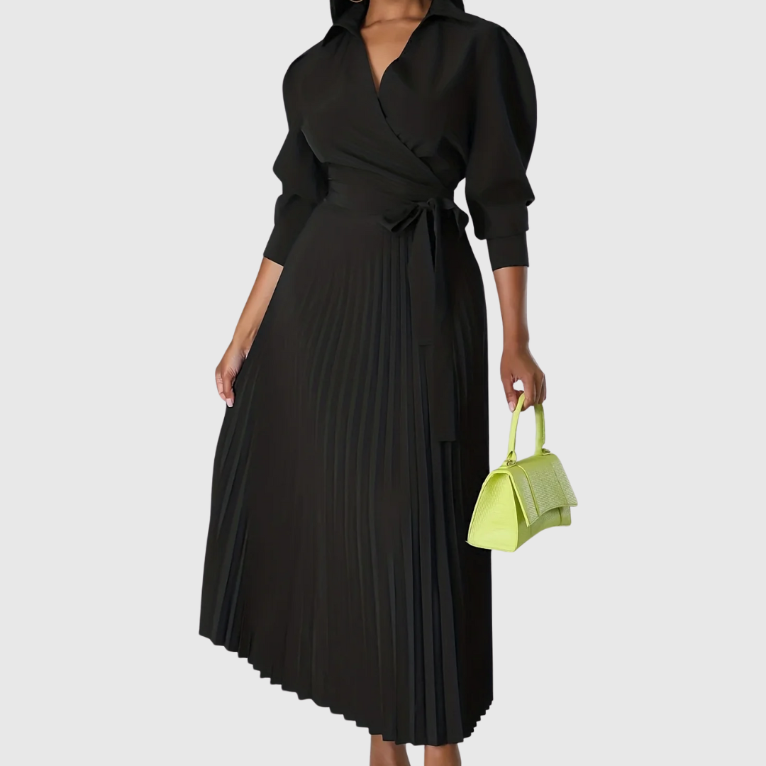 Evelina | Women's Pleated Wrap Midi Dress, Three-Quarter Sleeve Belted Dress