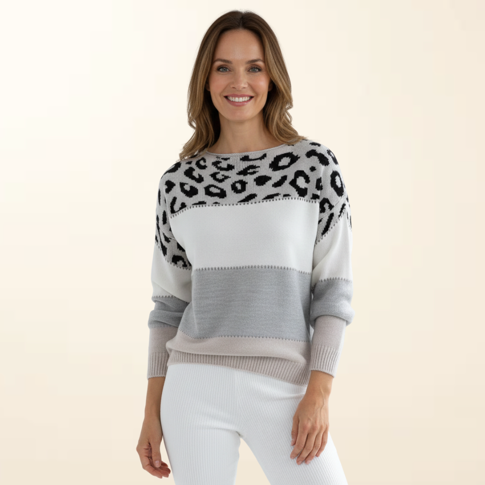 Zoë | Women's Leopard Print Sweater, Soft Relaxed Fit Knit Pullover for Everyday Wear