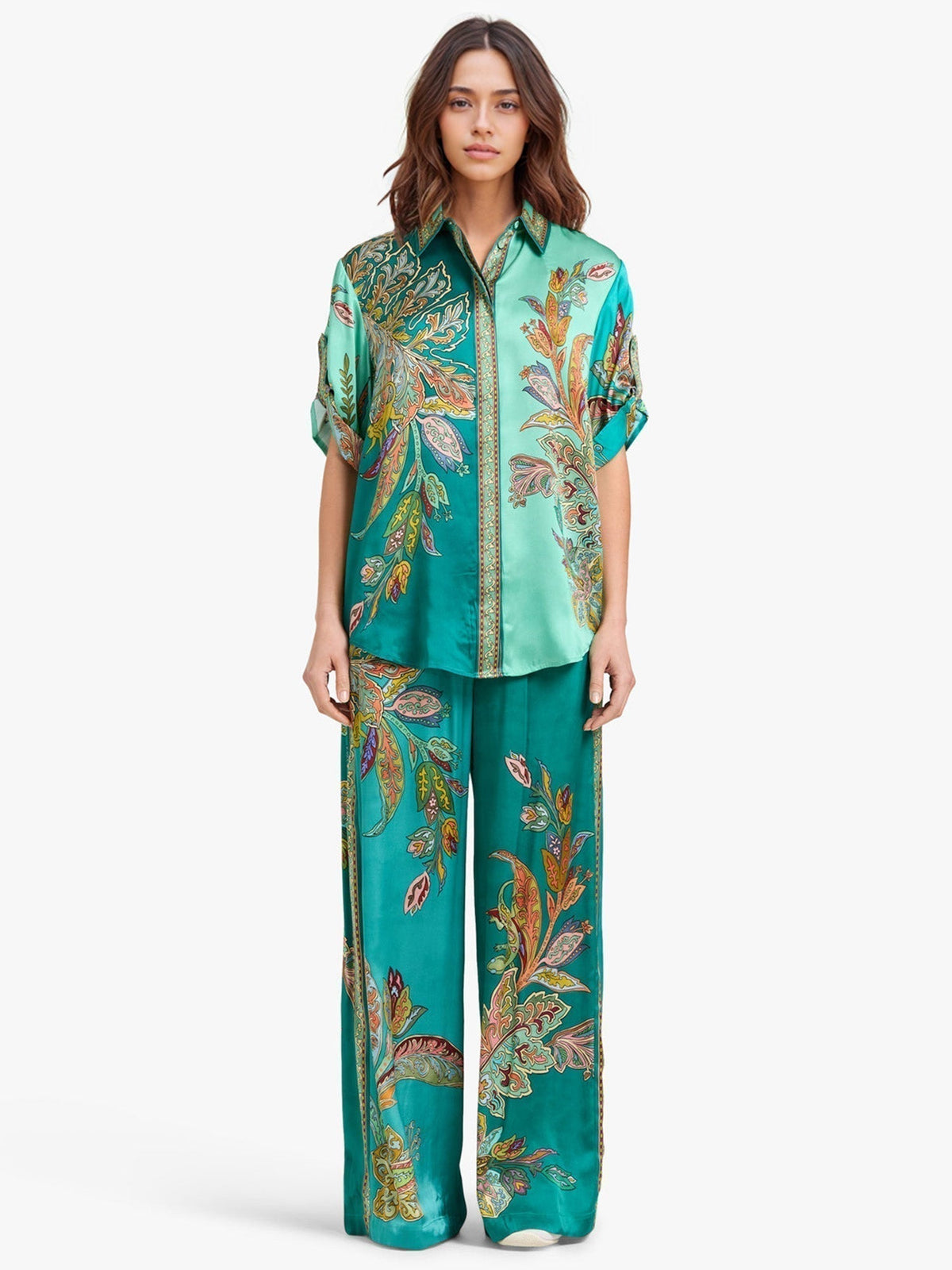 Eliza | Women's Paisley Print Two-Piece Set, Oversized Shirt and Wide-Leg Pants Outfit