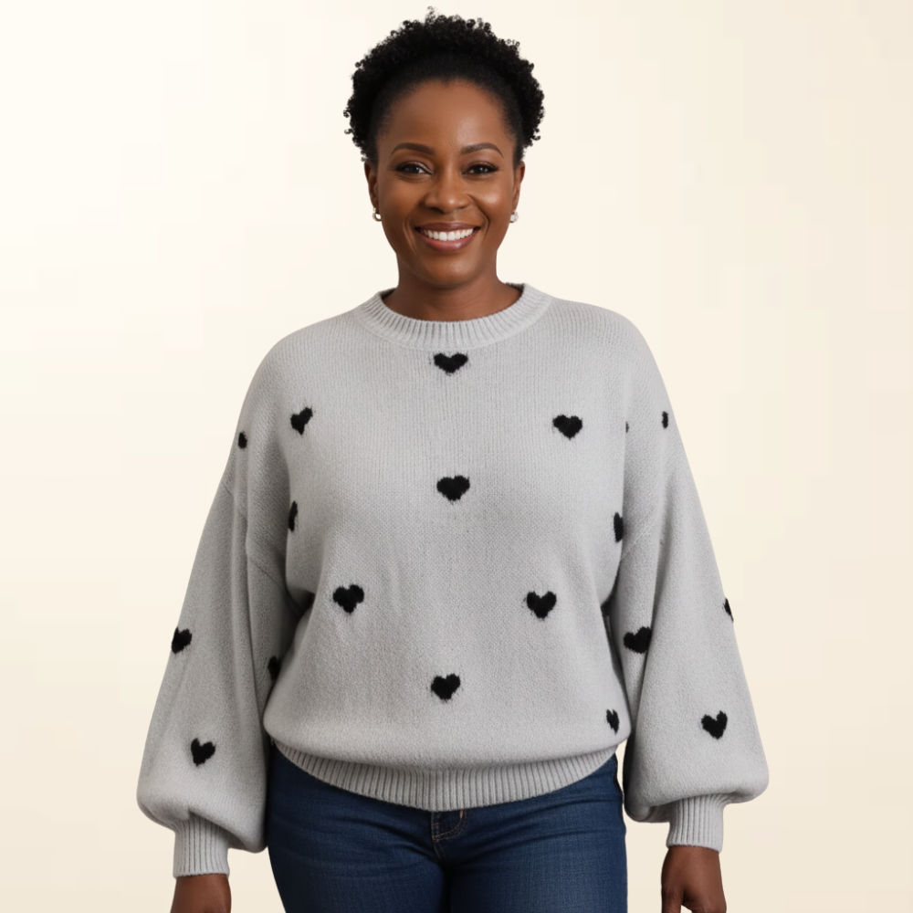Maya | Women's Heart Print Sweater, Soft Warm Loose Fit Knit Pullover for Cold Days
