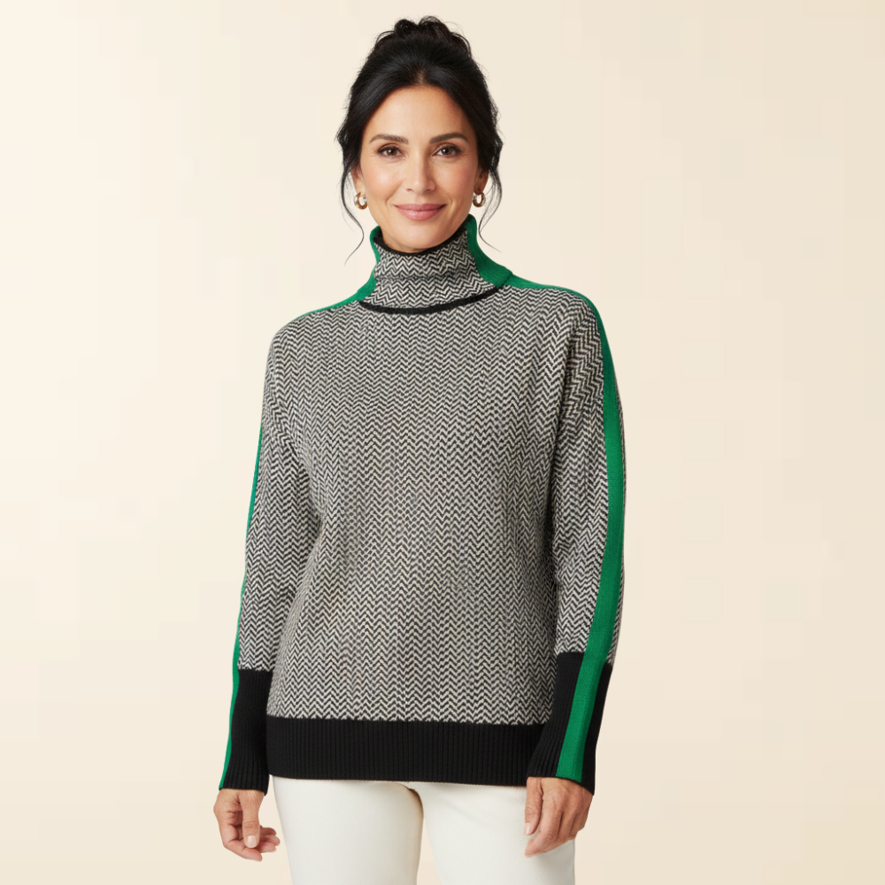Noré | Women's High Collar Sweater, Contrast Stripe Warm Knit Pullover