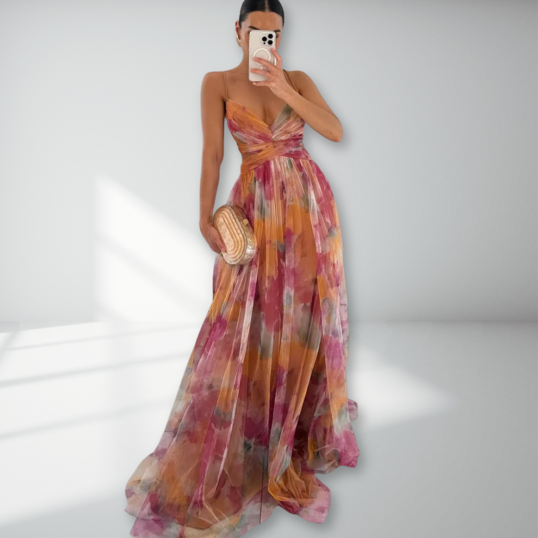 Eirith | Women's Watercolour Print Maxi Dress, Plunging Neckline Dress for Evening Events