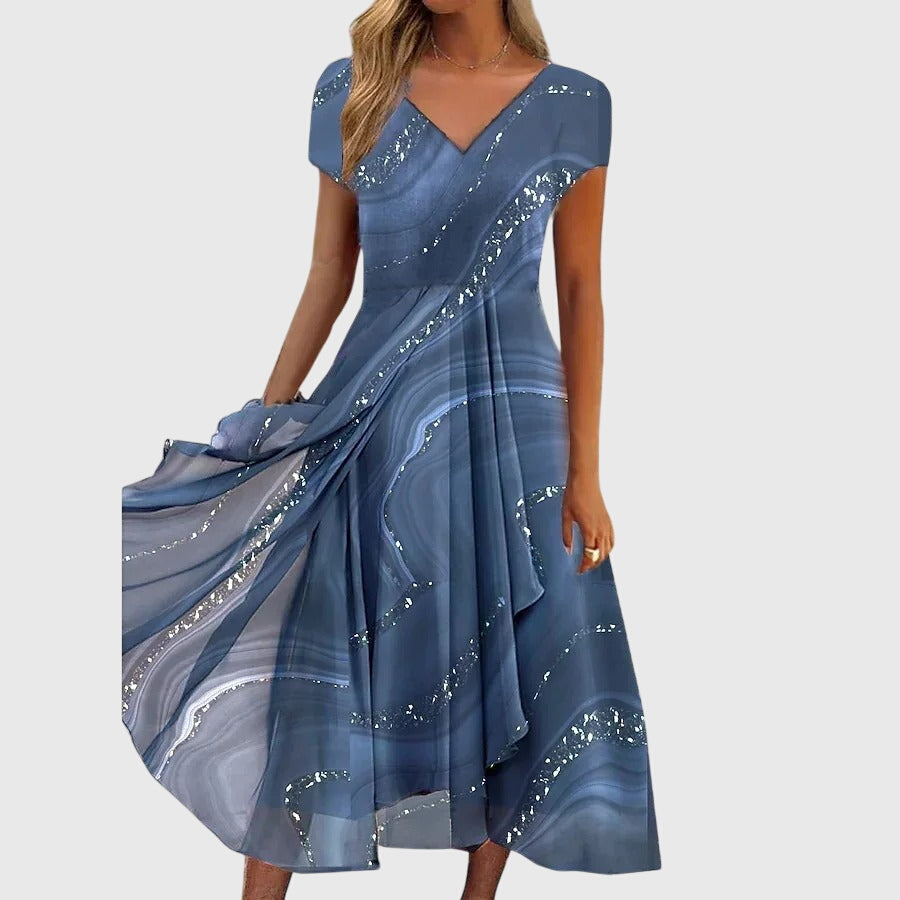 Aubrielle | Women's Swirl Print Midi Dress, Flowy V-Neck Dress for Everyday Wear