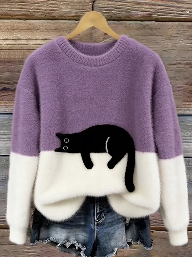 Luna | Women's Cat Print Cotton Blend Sweater, Relaxed Fit Casual Knit Sweater
