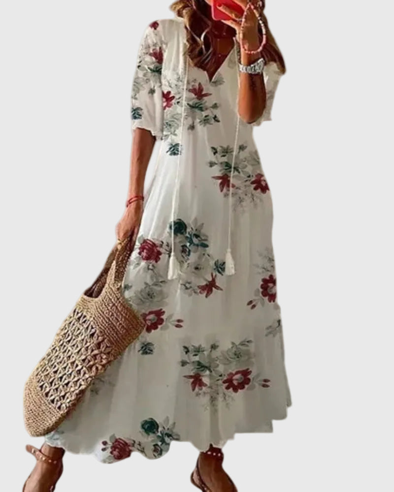 Amalia | Women's Bohemian V-Neck Maxi Dress, Lightweight Vintage Summer Dress