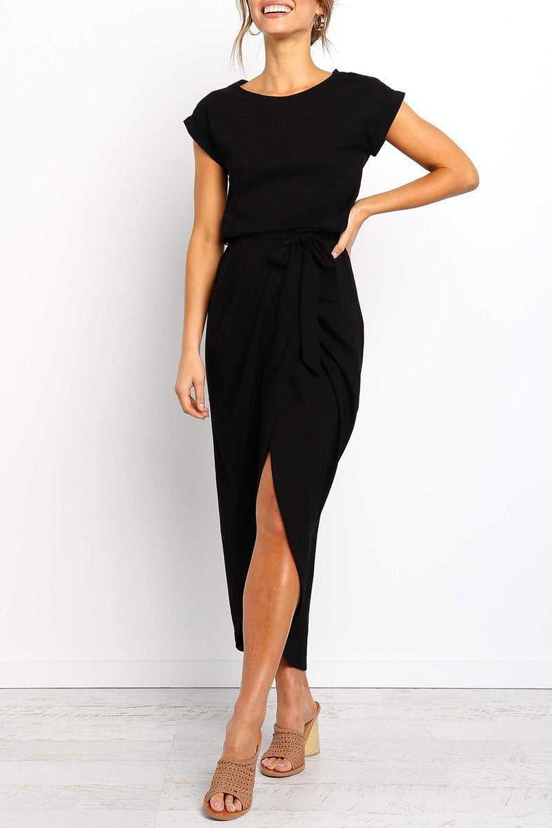 Maelis | Women's Cap Sleeve Casual Midi Dress, Belted Wrap Skirt Everyday Dress