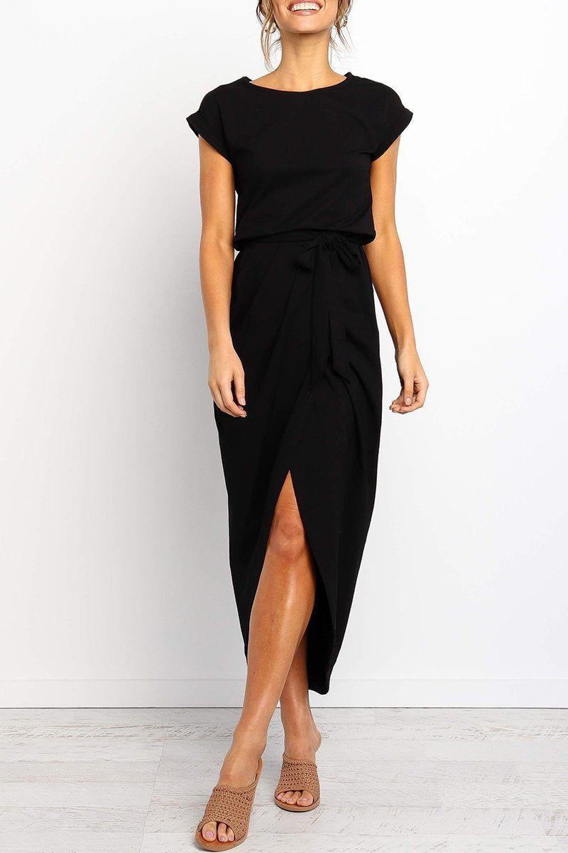 Maelis | Women's Cap Sleeve Casual Midi Dress, Belted Wrap Skirt Everyday Dress