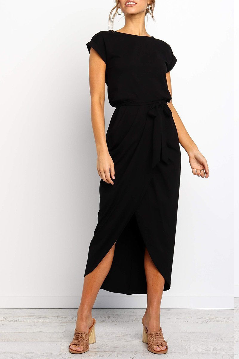 Maelis | Women's Cap Sleeve Casual Midi Dress, Belted Wrap Skirt Everyday Dress