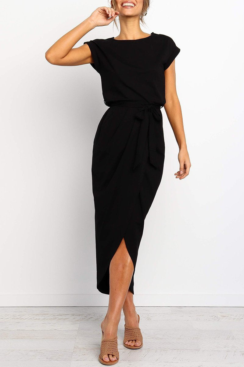 Maelis | Women's Cap Sleeve Casual Midi Dress, Belted Wrap Skirt Everyday Dress