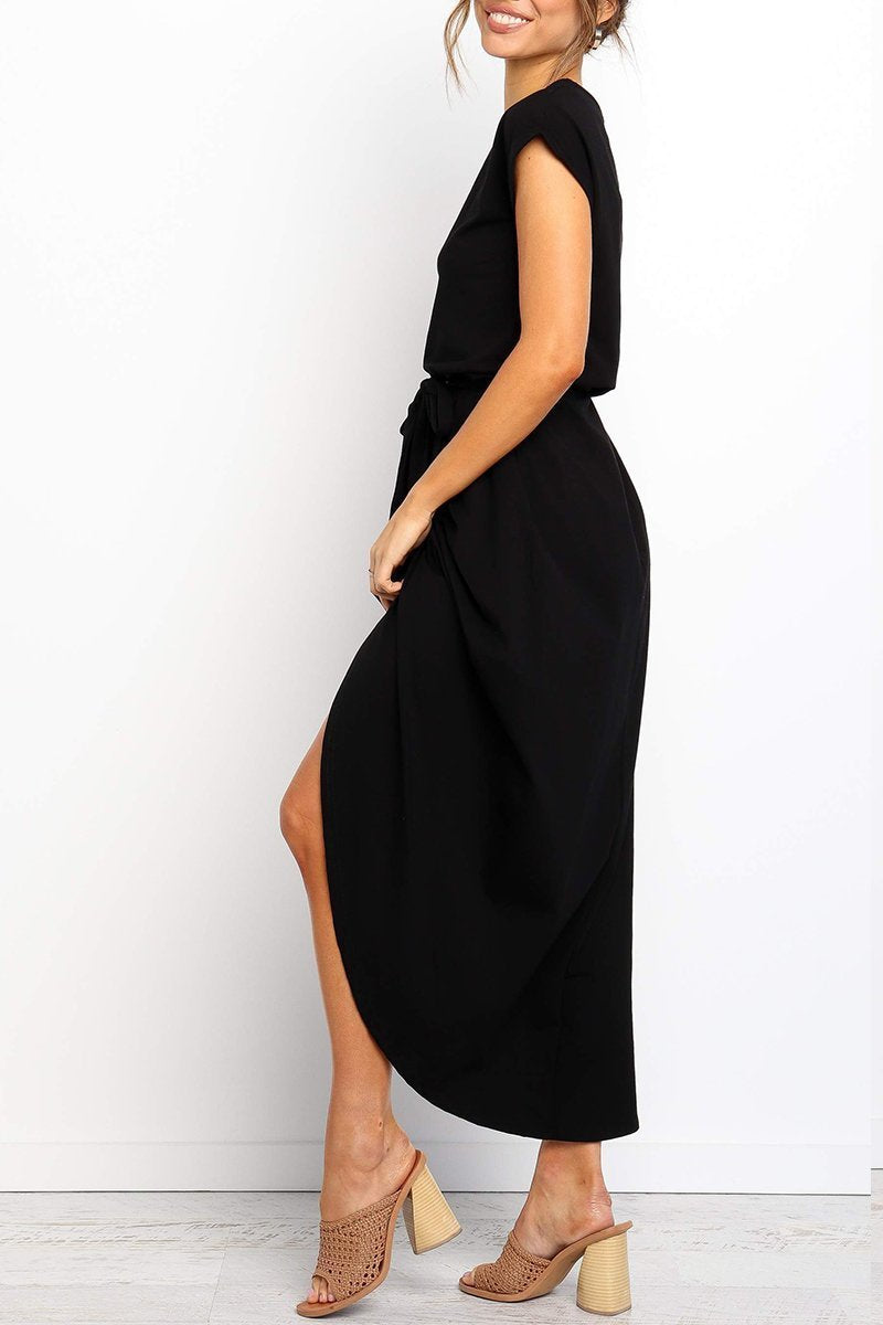 Maelis | Women's Cap Sleeve Casual Midi Dress, Belted Wrap Skirt Everyday Dress