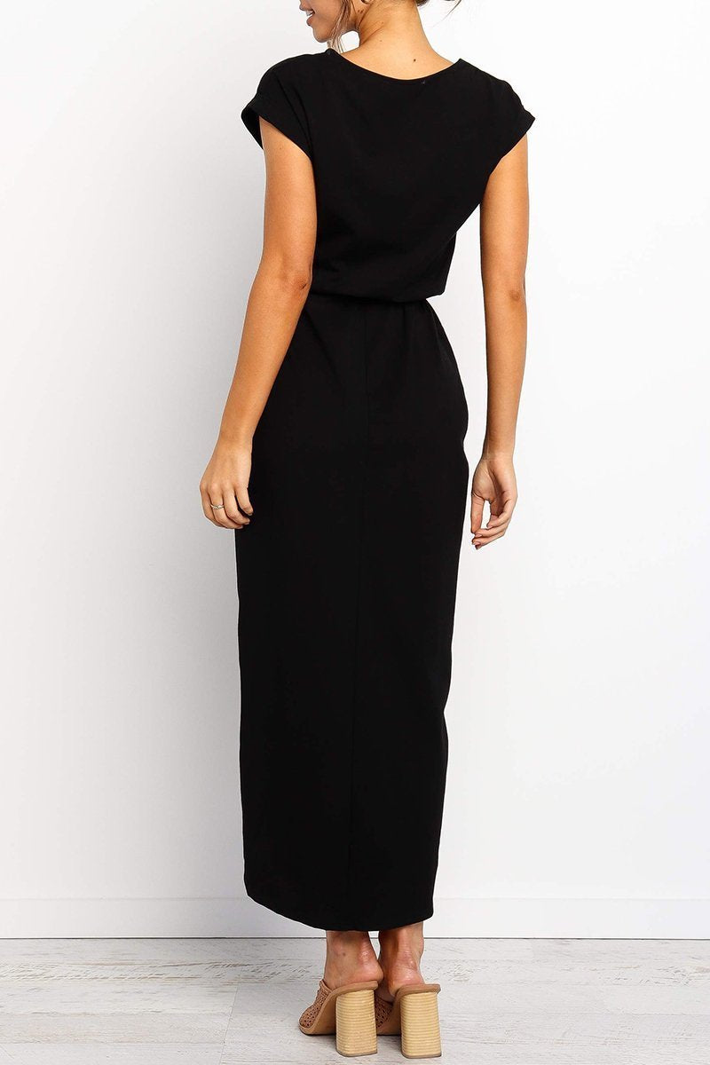 Maelis | Women's Cap Sleeve Casual Midi Dress, Belted Wrap Skirt Everyday Dress