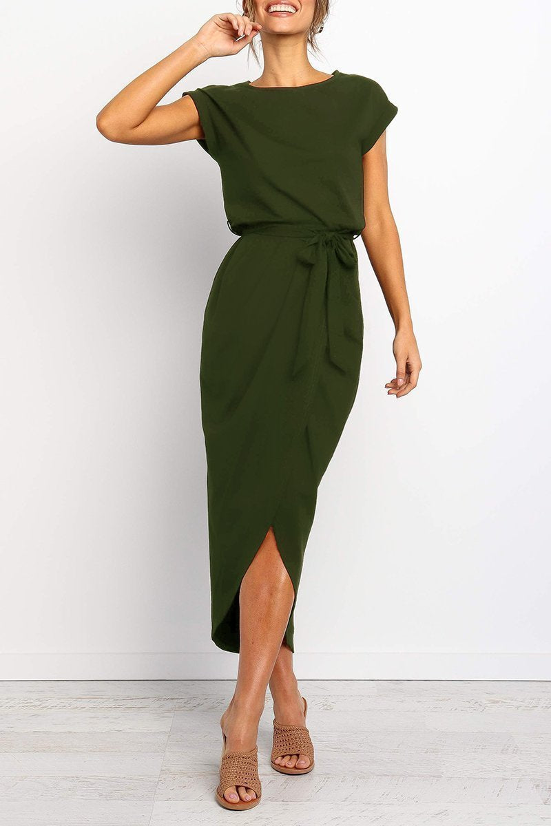 Maelis | Women's Cap Sleeve Casual Midi Dress, Belted Wrap Skirt Everyday Dress