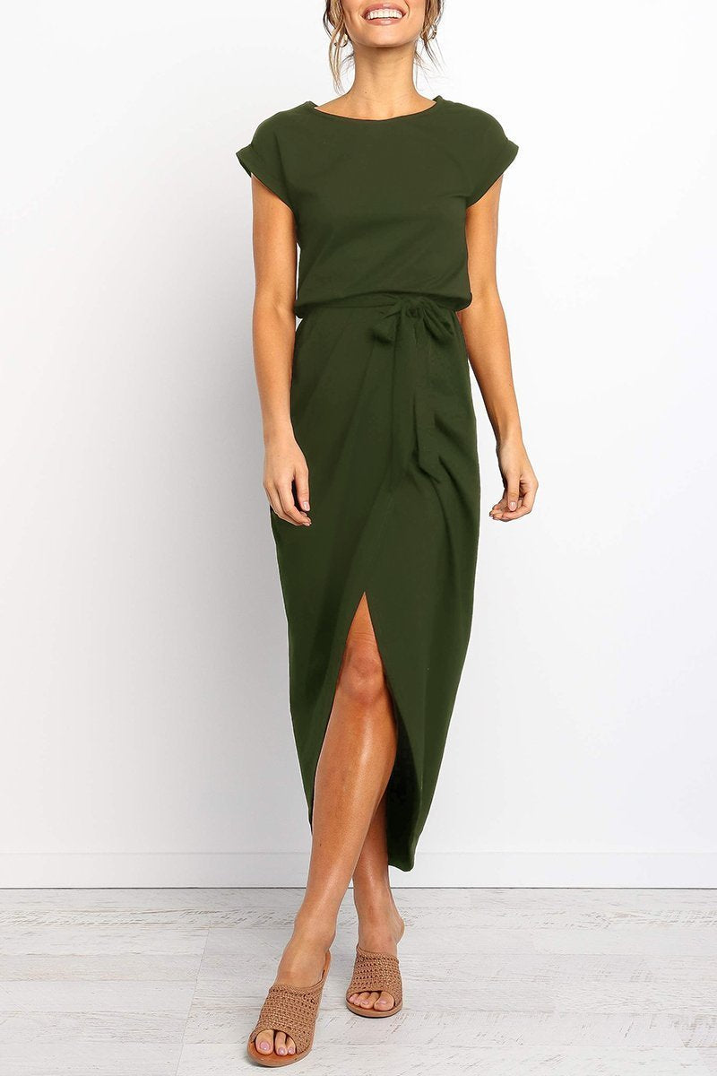 Maelis | Women's Cap Sleeve Casual Midi Dress, Belted Wrap Skirt Everyday Dress