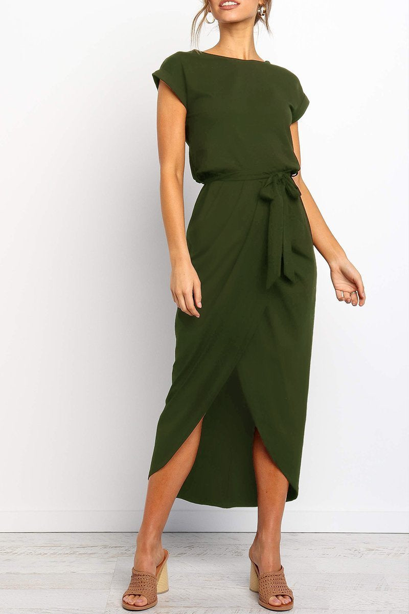 Maelis | Women's Cap Sleeve Casual Midi Dress, Belted Wrap Skirt Everyday Dress