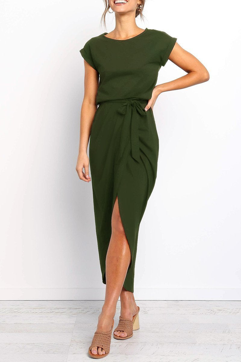 Maelis | Women's Cap Sleeve Casual Midi Dress, Belted Wrap Skirt Everyday Dress