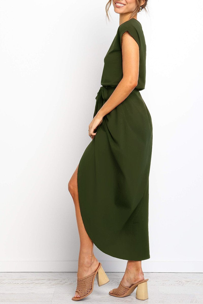 Maelis | Women's Cap Sleeve Casual Midi Dress, Belted Wrap Skirt Everyday Dress