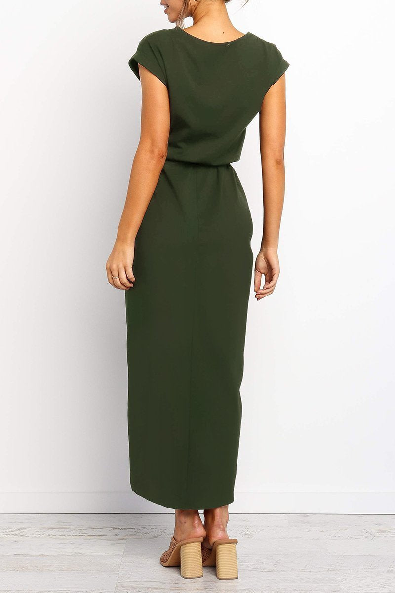 Maelis | Women's Cap Sleeve Casual Midi Dress, Belted Wrap Skirt Everyday Dress