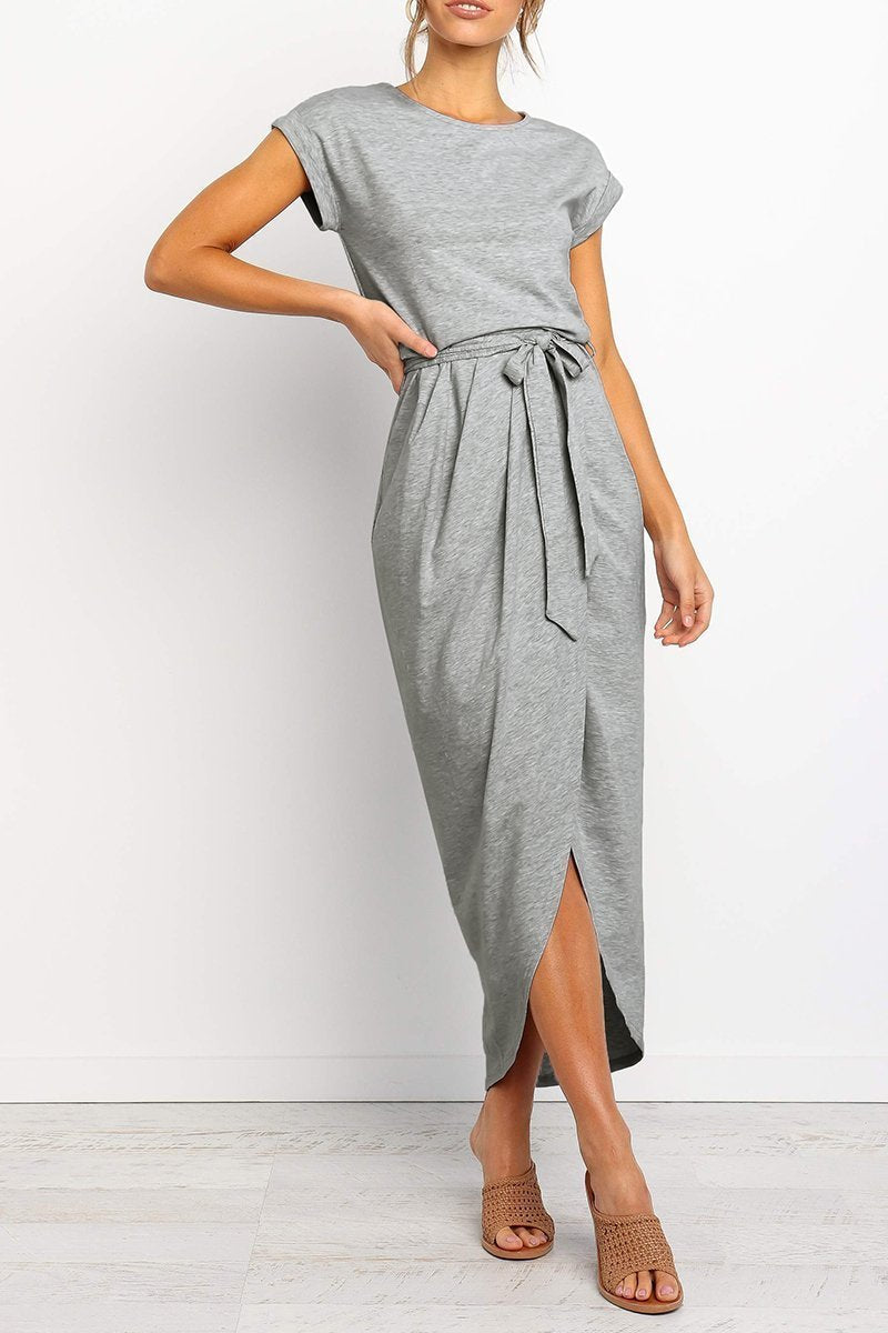Maelis | Women's Cap Sleeve Casual Midi Dress, Belted Wrap Skirt Everyday Dress