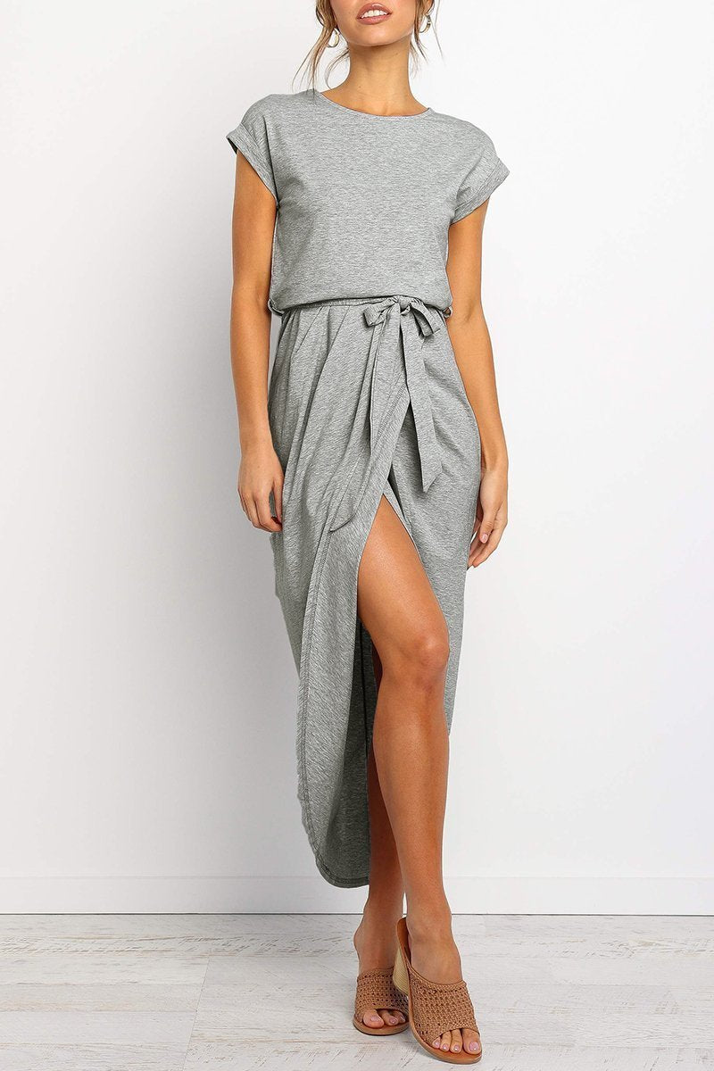 Maelis | Women's Cap Sleeve Casual Midi Dress, Belted Wrap Skirt Everyday Dress
