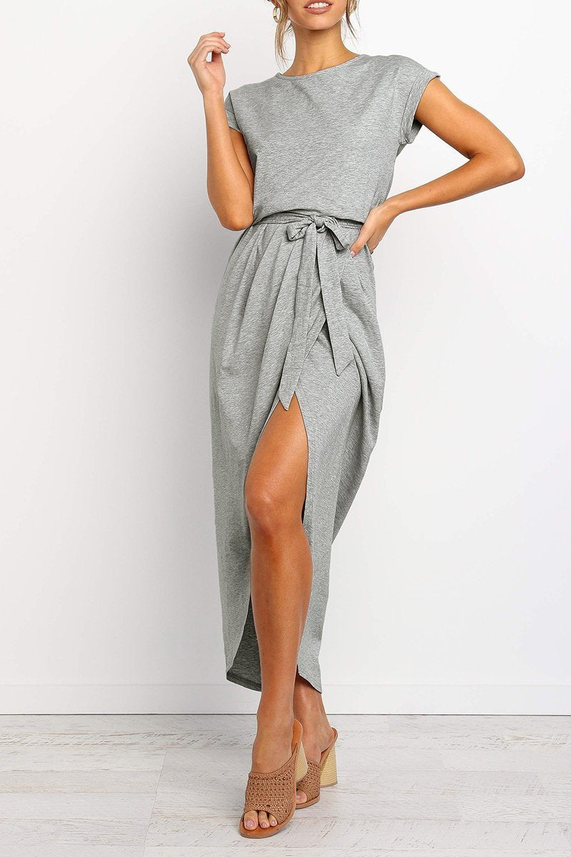 Maelis | Women's Cap Sleeve Casual Midi Dress, Belted Wrap Skirt Everyday Dress