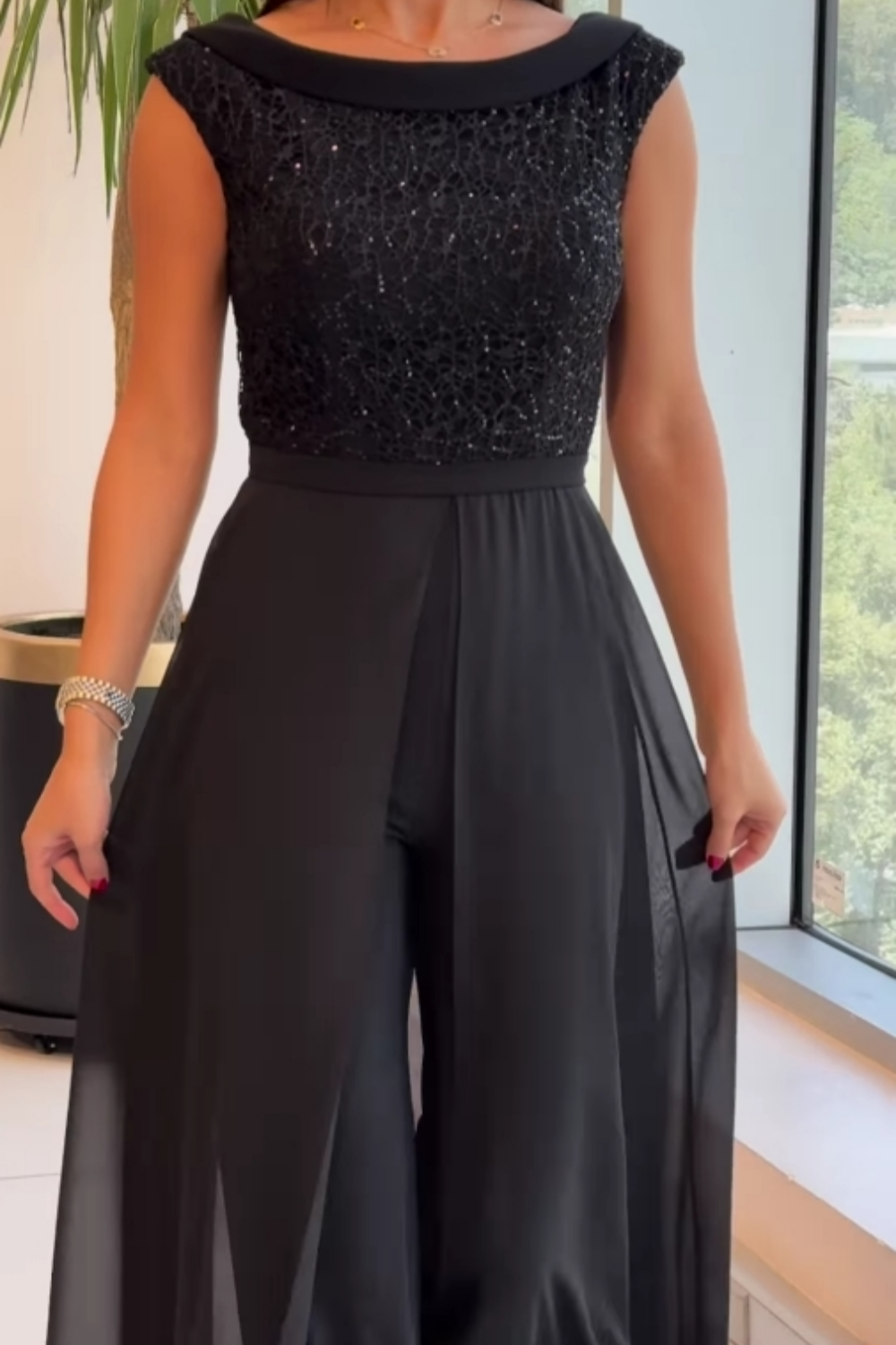Fontella | Women's Sequin Bodice Jumpsuit, Chiffon Overlay Evening Jumpsuit for Galas