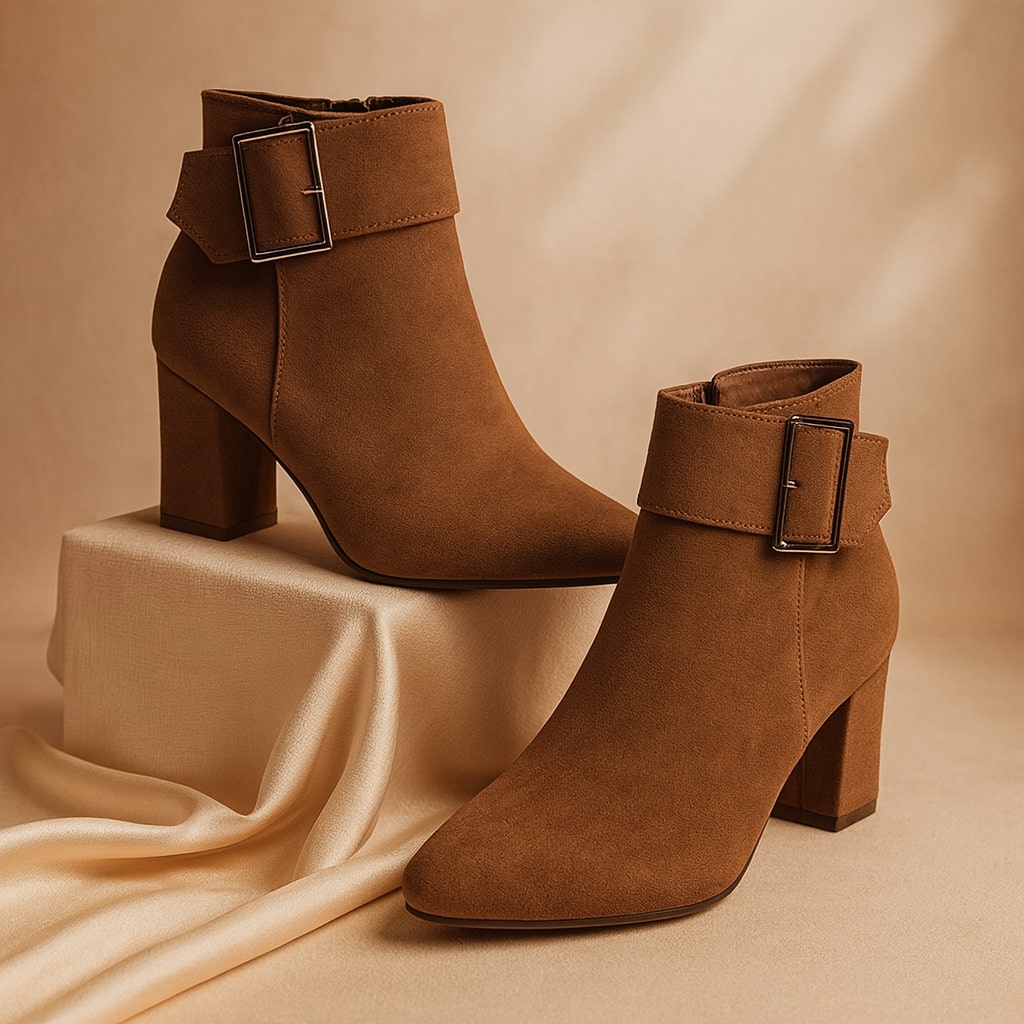 Alessia | Women's Suede Buckle Boots, Block Heel Side-Zip Boots with Cushioned Insole