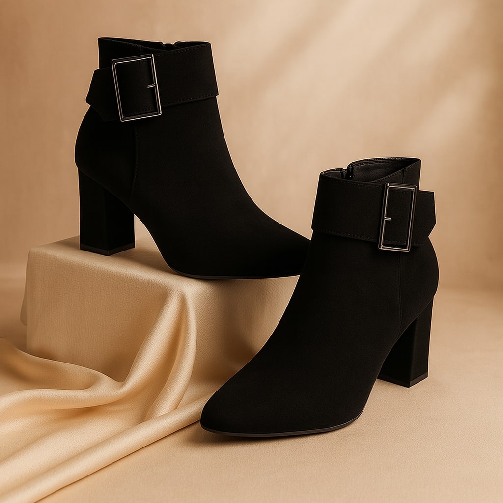 Alessia | Women's Suede Buckle Boots, Block Heel Side-Zip Boots with Cushioned Insole