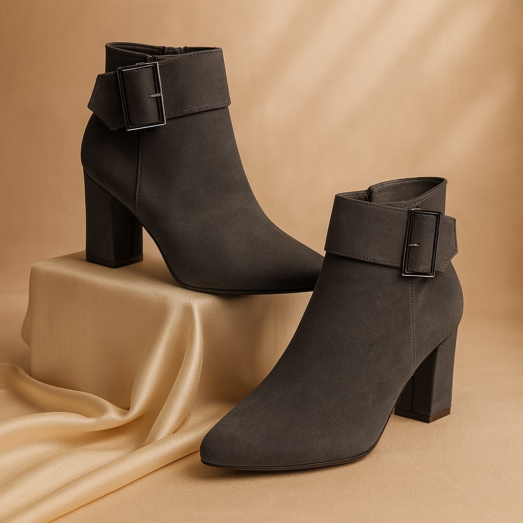 Alessia | Women's Suede Buckle Boots, Block Heel Side-Zip Boots with Cushioned Insole