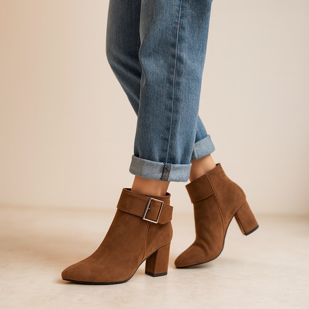 Alessia | Women's Suede Buckle Boots, Block Heel Side-Zip Boots with Cushioned Insole