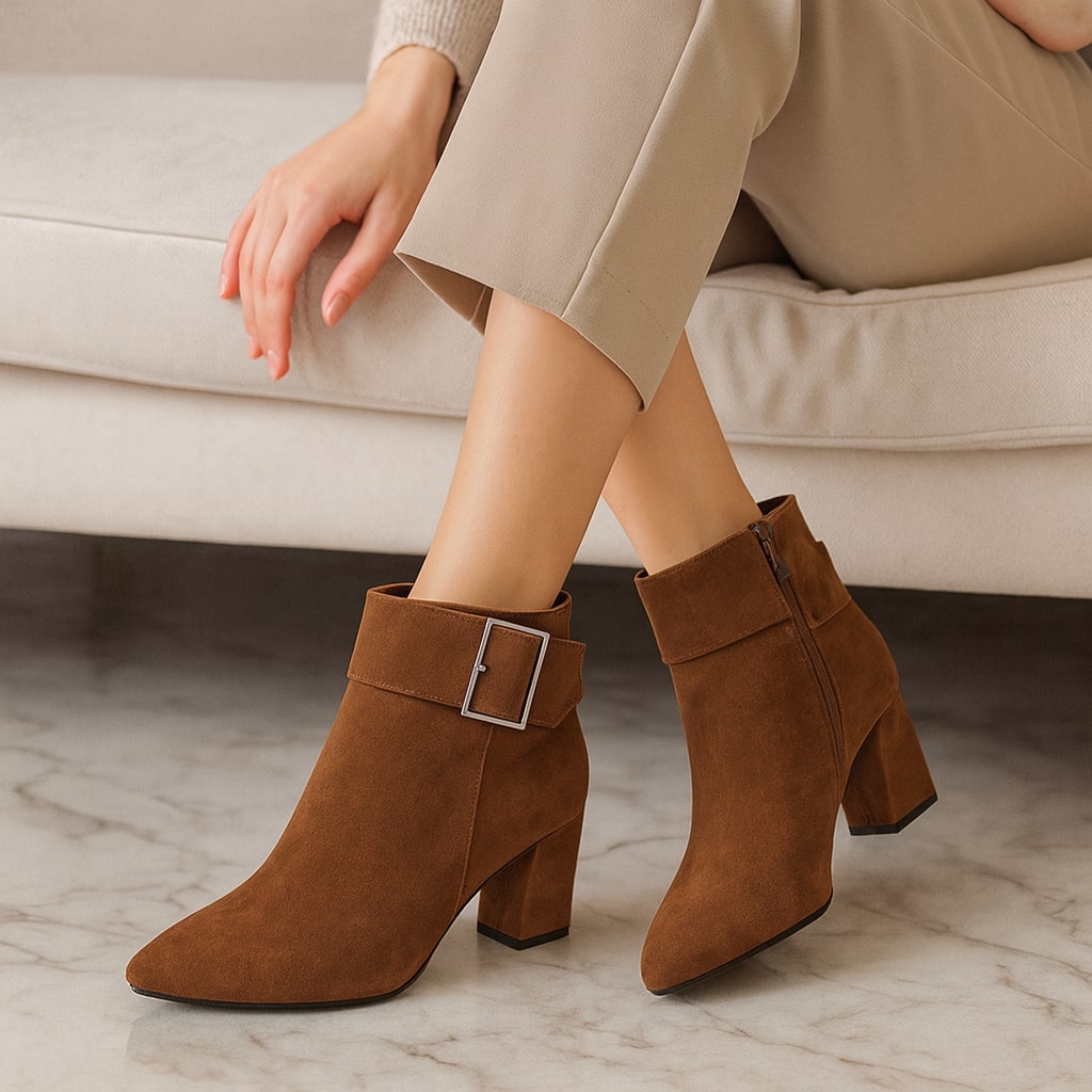 Alessia | Women's Suede Buckle Boots, Block Heel Side-Zip Boots with Cushioned Insole