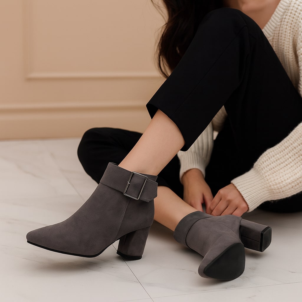 Alessia | Women's Suede Buckle Boots, Block Heel Side-Zip Boots with Cushioned Insole