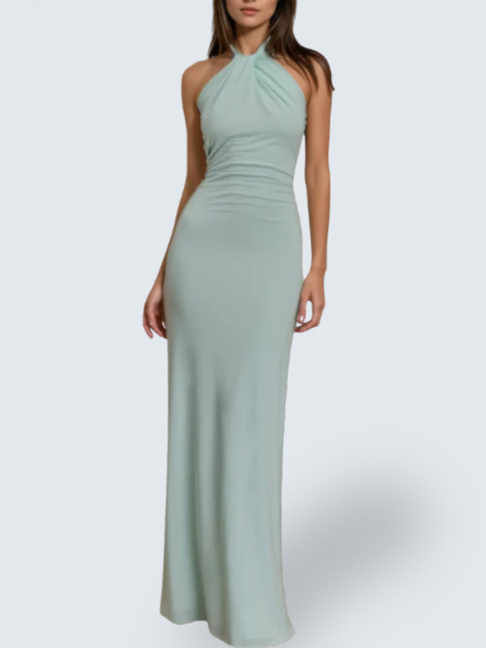 Elyna | Women's Halter Neck Recycled Polyester Maxi Dress, Ruched Wedding Guest Dress