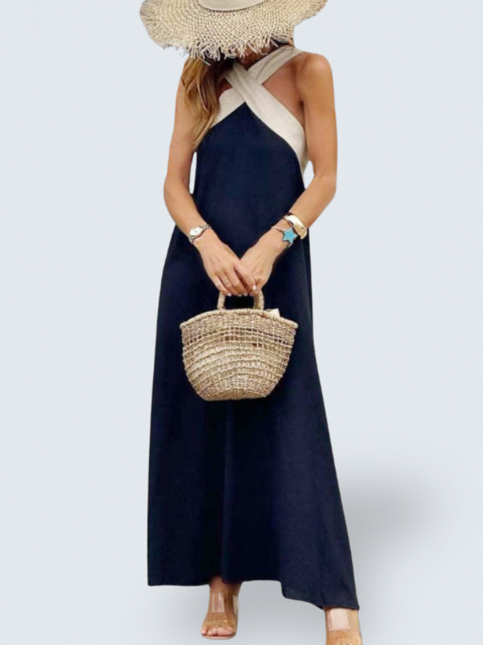 Elara | Women's Crossover Neck Maxi Dress, Open Back Evening Dress for Parties