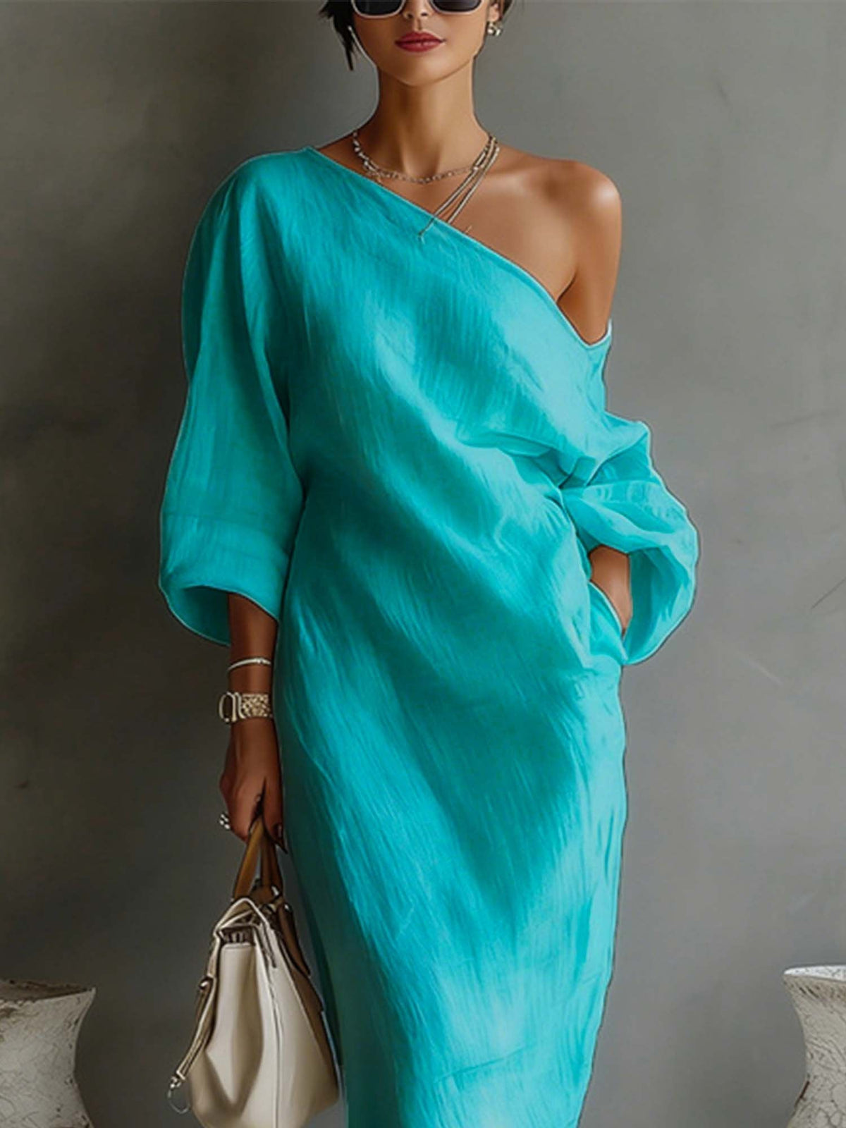 Women's Balloon Sleeve Cotton Linen Maxi Dress, Flowy Summer Dress with Irregular Hem
