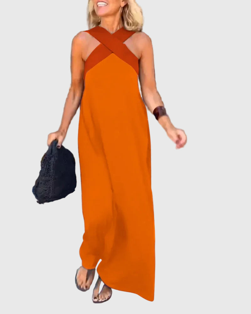 Elena | Women's Cross-Neck Maxi Dress, Flowing Long Dress for Dinners and Celebrations