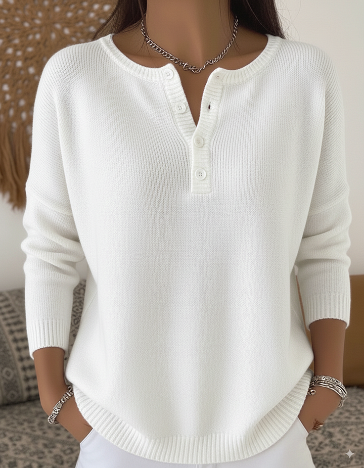 Sara | Women's Henley Button Sweater, Relaxed Fit Soft Knit Everyday Sweater