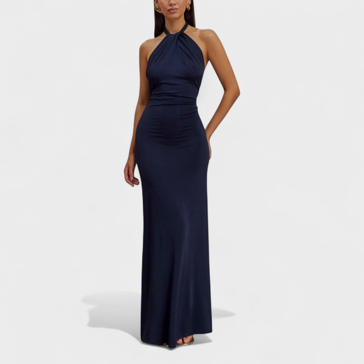 Riva | Women's Fitted Halter Maxi Dress, Open Back Evening Gown for Weddings and Galas