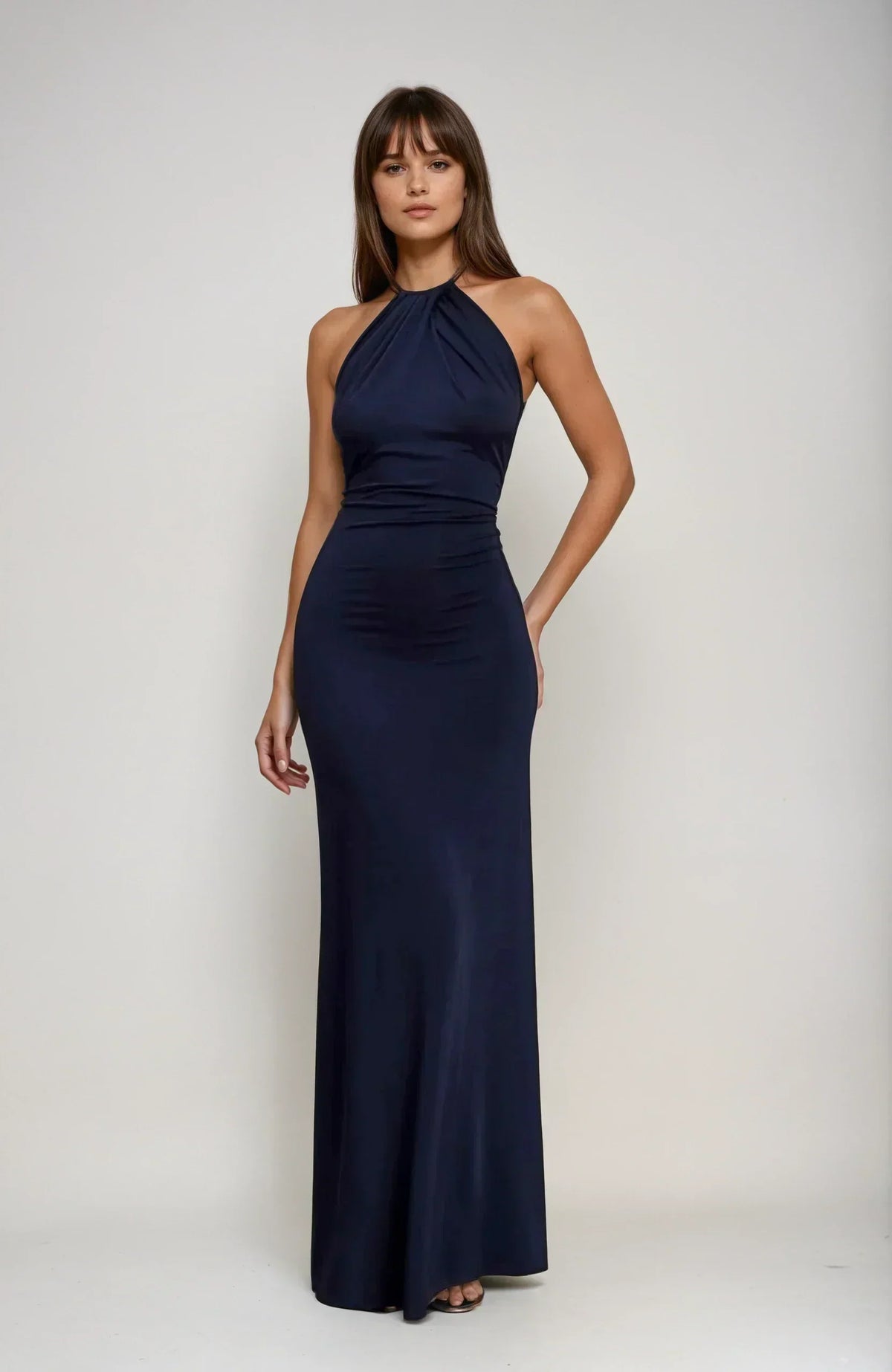 Elyna | Women's Halter Neck Recycled Polyester Maxi Dress, Ruched Wedding Guest Dress