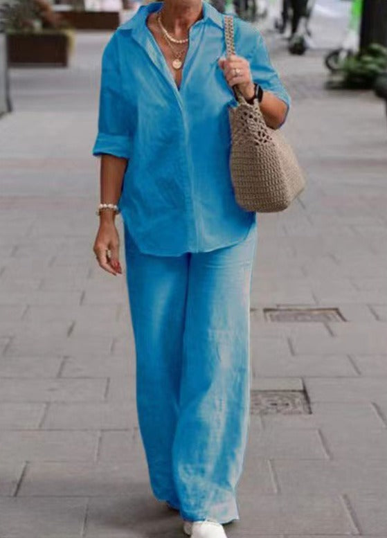 Denice | Women's Casual Two-Piece Set, Button-Up Top and Wide-Leg Trousers Outfit