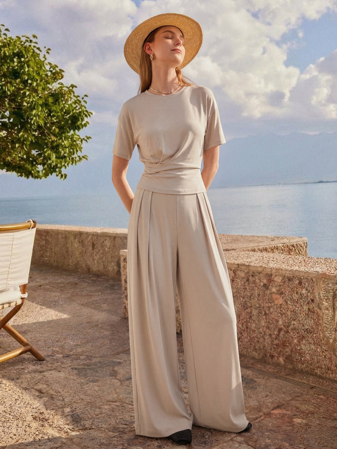 Women's Linen Collared V-Neck Midi Dress with Drawstring