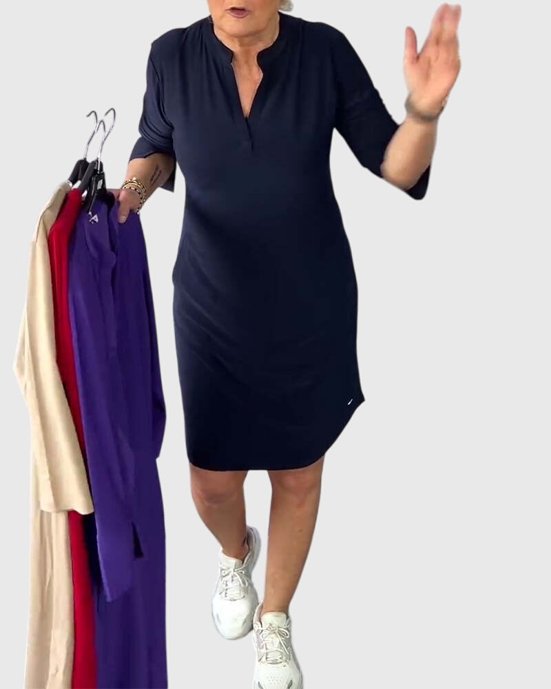 Katherine | Women's Solid V-Neck Mini Dress, Stretchy Everyday Work Dress