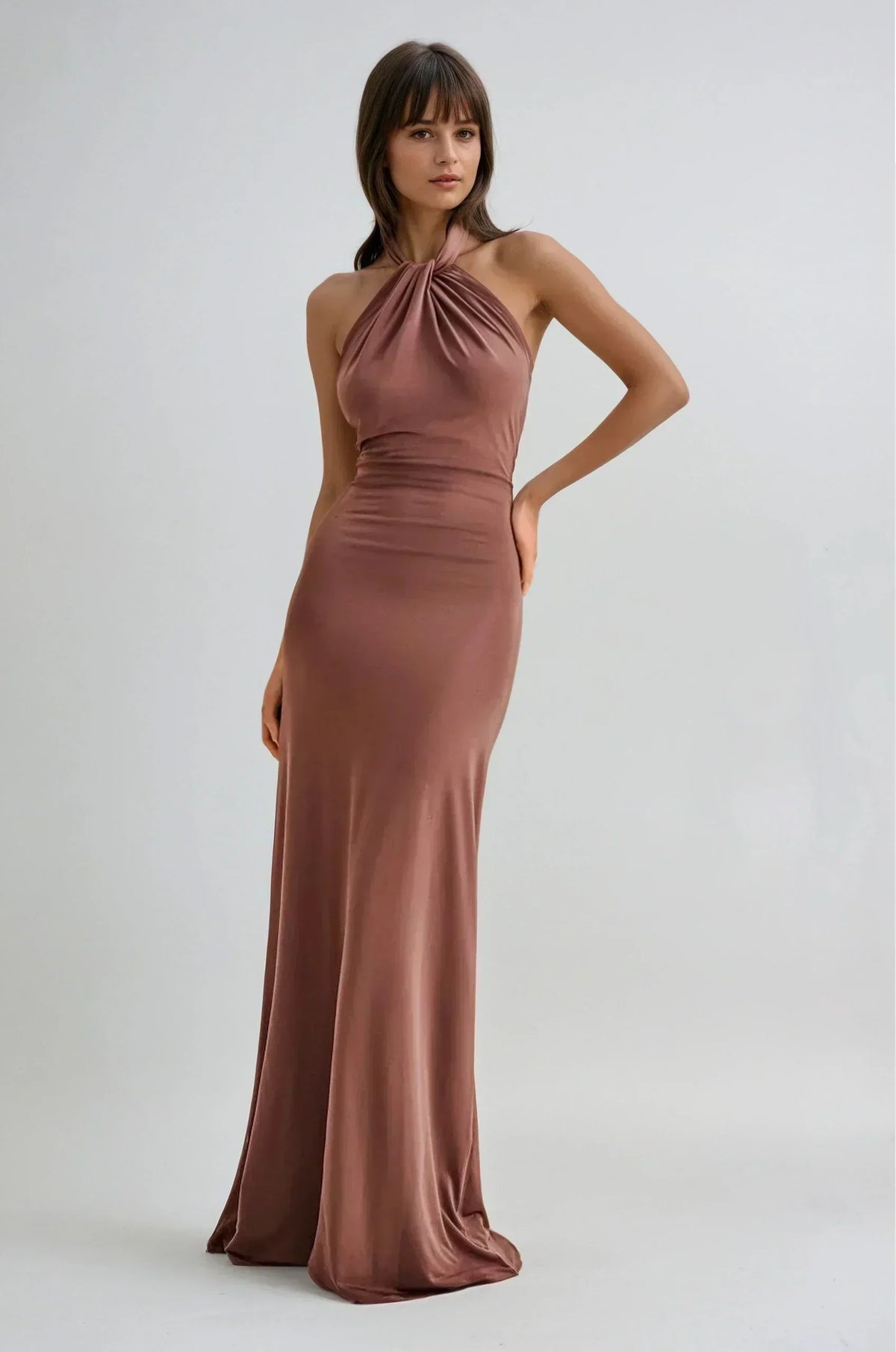 Elyna | Women's Halter Neck Recycled Polyester Maxi Dress, Ruched Wedding Guest Dress
