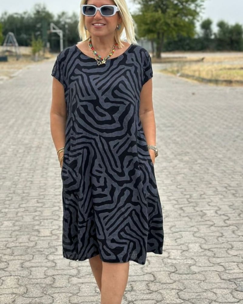 Nelia | Women's A-Line Printed Cotton Dress, Round Neck Flared Sleeve Summer Dress