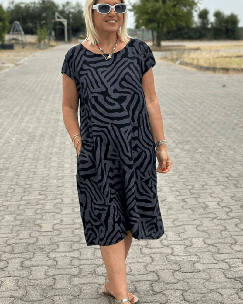 Nelia | Women's A-Line Printed Cotton Dress, Round Neck Flared Sleeve Summer Dress