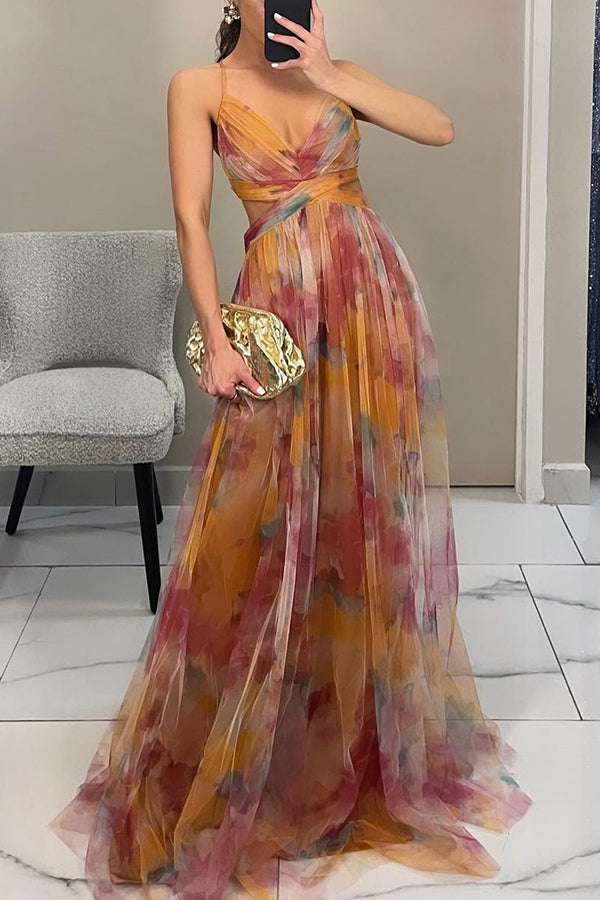 Eirith | Women's Watercolour Print Maxi Dress, Plunging Neckline Dress for Evening Events