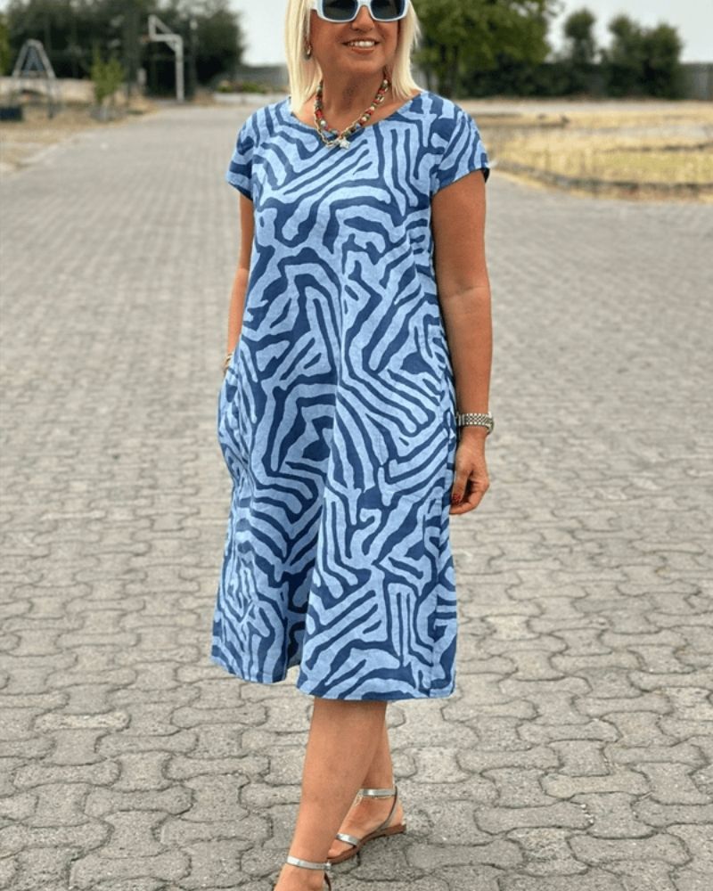 Nelia | Women's A-Line Printed Cotton Dress, Round Neck Flared Sleeve Summer Dress